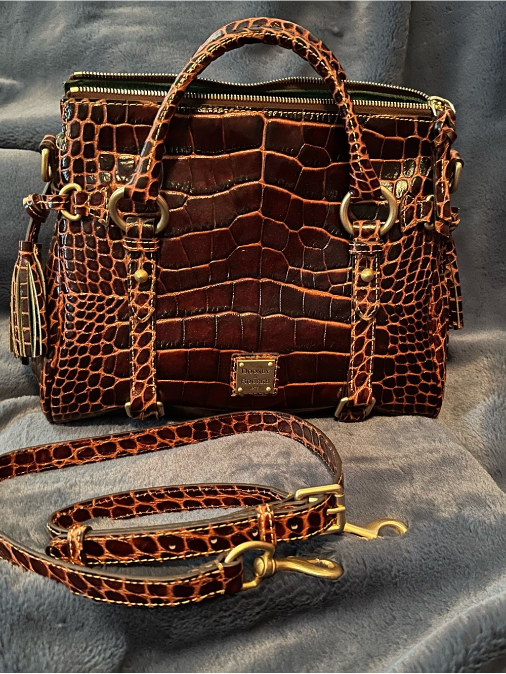 Dooney & Bourke Brown Croc-Embossed Leather Satchel with Gold Hardware